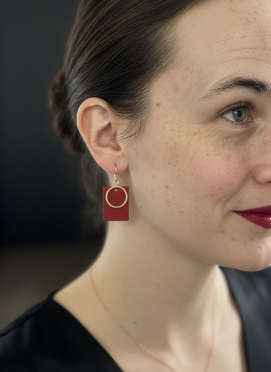 Rectangle Leather Earring with small Hoop